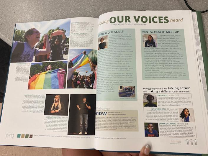 Photo of a high school yearbook open to spread about students protesting the "Don't Say Gay" bill.
