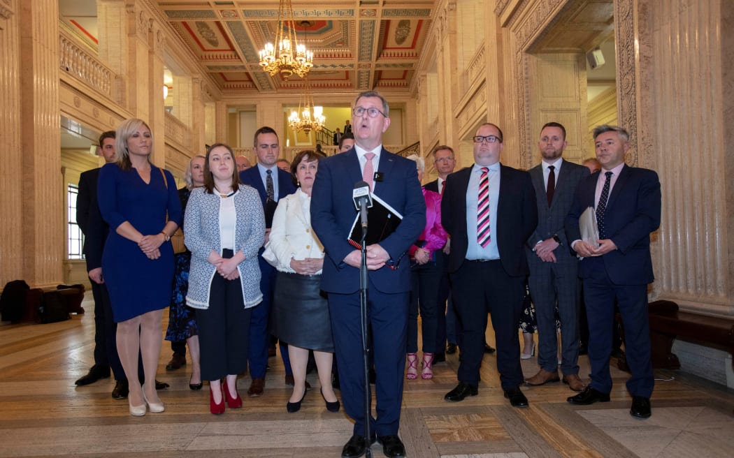 Northern Ireland's Democratic Unionist Party leader Jeffrey Donaldson speaks at a press conference at the Parliament buildings, in Stormont, Belfast, on Monday 9 May, 2022.