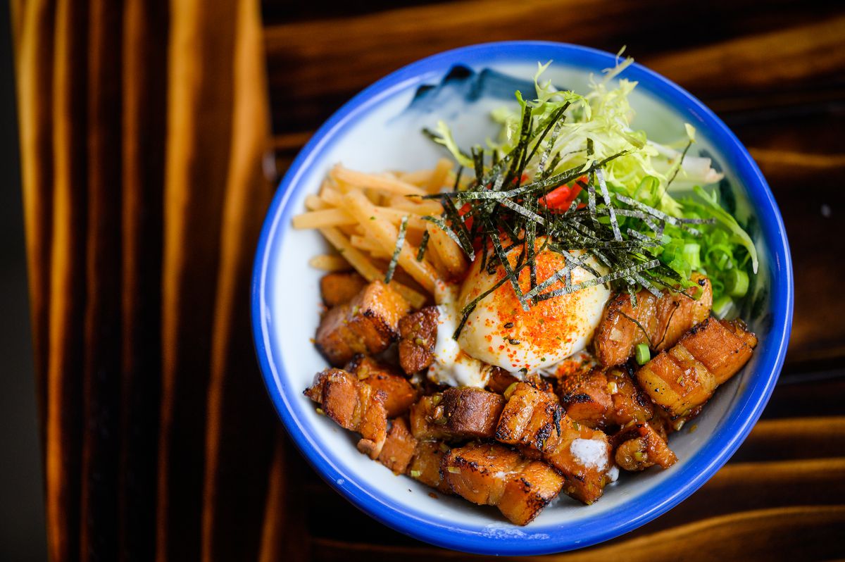 A bowl arrives filled with pork belly, bamboo, greens, and nori at Afuri in Slabtown.