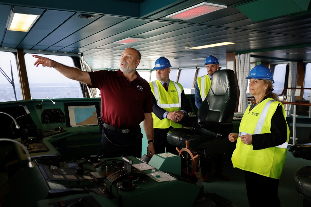 Carol A. Petsonk, Principal Deputy Assistant Secretary for Aviation and International Affairs at the U.S. Department of Transportation, visits a cargo ship set to deliver military supplies to Ukraine amid Russia's invasion, in Antwerp, Belgium, May 20, 2022.