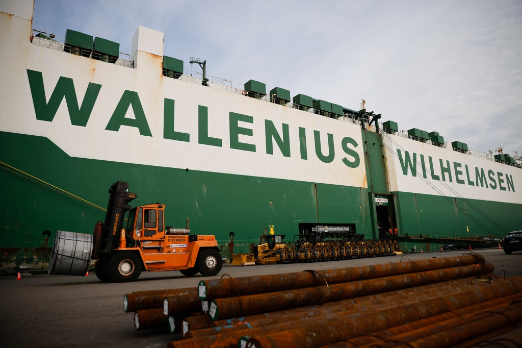 A cargo ship set to deliver military supplies to Ukraine amid Russia's invasion, is pictured during a visit by Carol A. Petsonk, Principal Deputy Assistant Secretary for Aviation and International Affairs at the U.S. Department of Transportation, in Antwerp, Belgium, Friday, May 20, 2022.