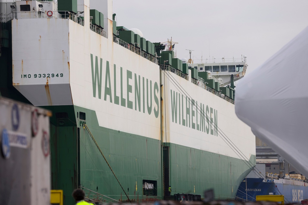 A cargo ship set to deliver military supplies to Ukraine amid Russia's invasion, is pictured during a visit by Carol A. Petsonk, Principal Deputy Assistant Secretary for Aviation and International Affairs at the U.S. Department of Transportation, in Antwerp, Belgium, Friday, May 20, 2022.