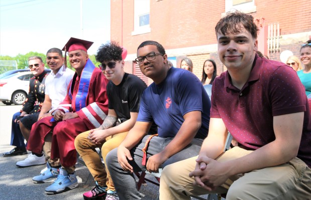 Six members of the Goodrich Academy Class of 2022 are shipping off to the Marines. (L. to r.) Marine Staff Sergeant Wesley Ratcliff, Yandel Rodriguez, Mathews Cardeal, Dady Perez, Brandon Franklin, and Matthias Ramos. Not pictured is Jayden Belcher. (DANIELLE RAY/SENTINEL & ENTERPRISE)