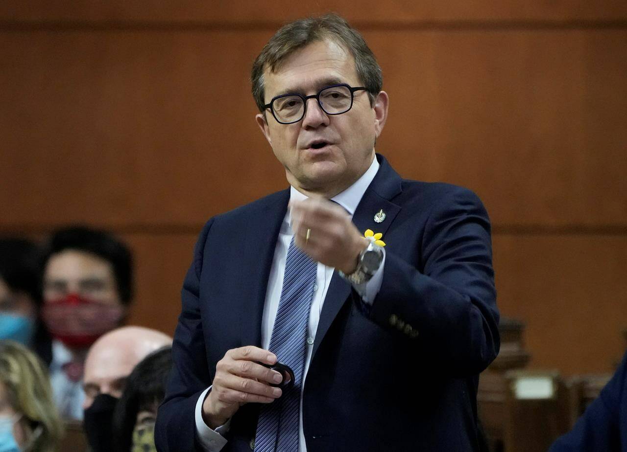 Natural Resources Minister Jonathan Wilkinson rises during Question Period, on April 7, 2022 in Ottawa. Wilkinson says he held talks this week with several European countries, including Germany, about the potential for shipping them clean Canadian hydrogen, to help wean them off Russian oil and gas. THE CANADIAN PRESS/Adrian Wyld