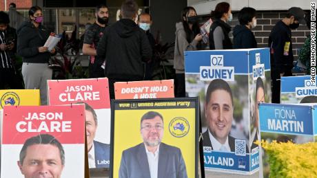 Voters queue up outside a pre-polling station in Berala electorate of Sydney on May 19.