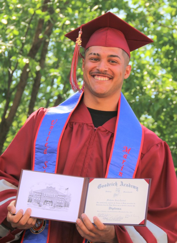 Goodrich Academy Class of 2022 graduate Mathews Cardeal was all smiles at the special graduation ceremony Principal Alexis Curry arranged for him on May 23 ahead of him shipping off to the Marines two days before the Fitchburg school's graduation ceremony. (DANIELLE RAY/SENTINEL & ENTERPRISE)