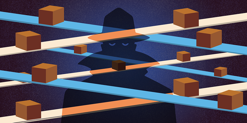 A shadowy figure stands among conveyor belts, which carry a number of brown packages.