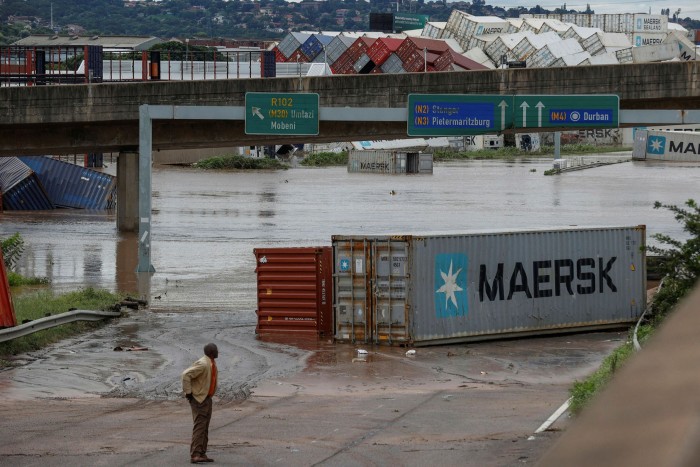Fallen containers at a storage facility in South Africa’s port city of Durban