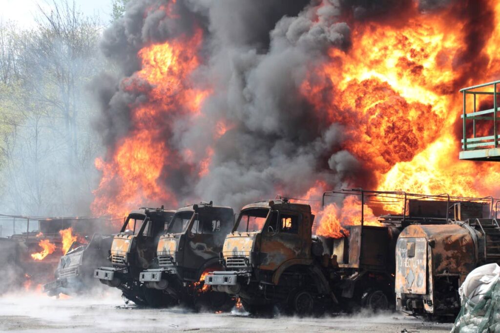 Vehicles are on fire at an oil depot after missiles struck the facility in an area controlled by Russian-backed separatist forces in Makiivka, 15 km east of Donetsk, eastern Ukraine, on Wednesday. - AP PHOTO