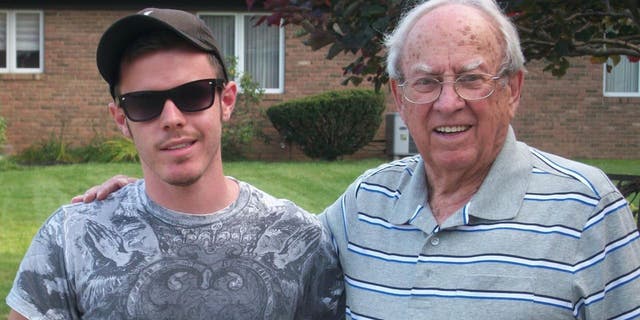 Dan Smith (left) and his grandfather Harold Myers (right) are asking fellow Americans to send birthday cards to the World War II veteran in time for his 100th birthday.