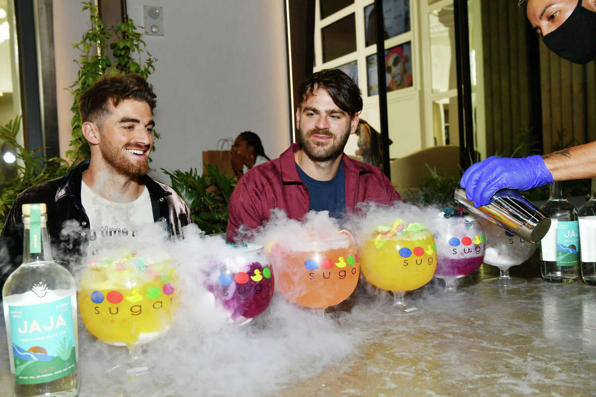 LOS ANGELES, CALIFORNIA - SEPTEMBER 16: Andrew "Drew" Taggart and Alexander "Alex" Pall from The Chainsmokers debut JAJA Tequila Goblets at Sugar Factory Westfield Century City on September 16, 2020 in Los Angeles, California. (Photo by Amy Sussman/Getty Images for Sugar Factory)