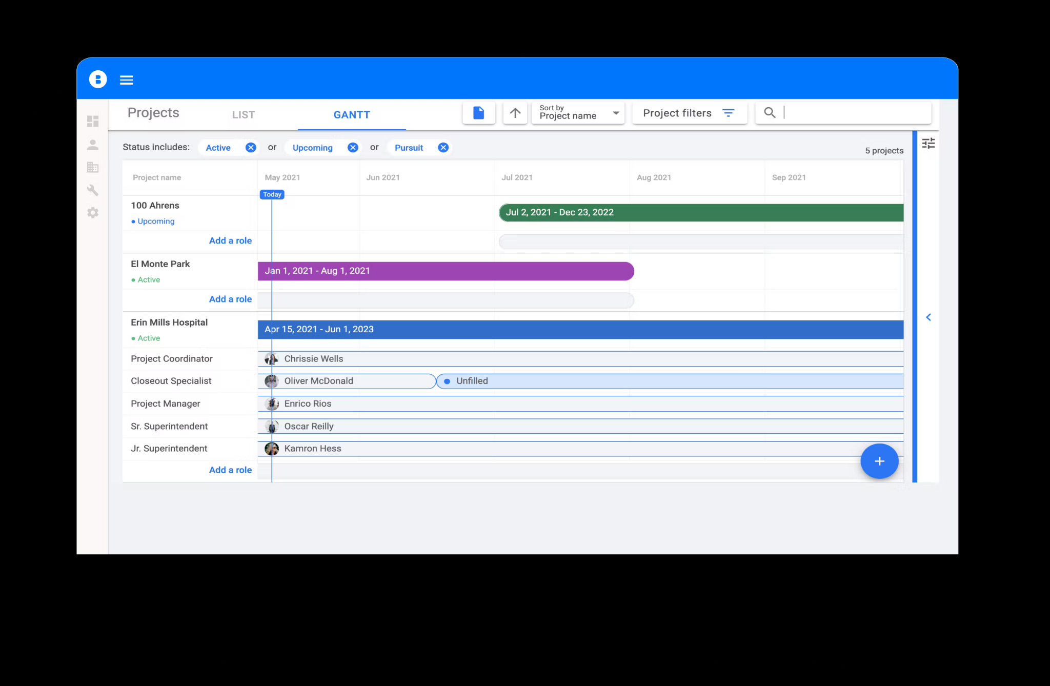 Gantt chart in Bridgit Bench