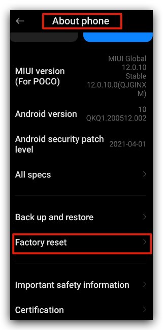 Android About Phone Factory Reset