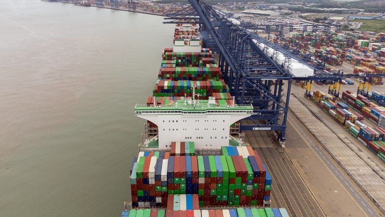 The world's largest cargo ship Ever Ace, holder of the record for most containers loaded onto a single ship, arrives at the Port of Felixstowe in Suffolk, Britain's biggest and busiest container port. Picture date: Sunday June 19, 2022.
