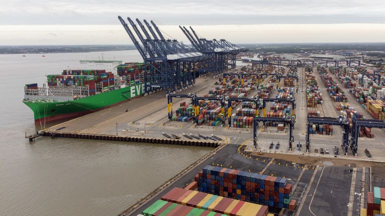 The world's largest cargo ship Ever Ace, holder of the record for most containers loaded onto a single ship, is unloaded at the Port of Felixstowe in Suffolk, Britain's biggest and busiest container port. Picture date: Sunday June 19, 2022.

