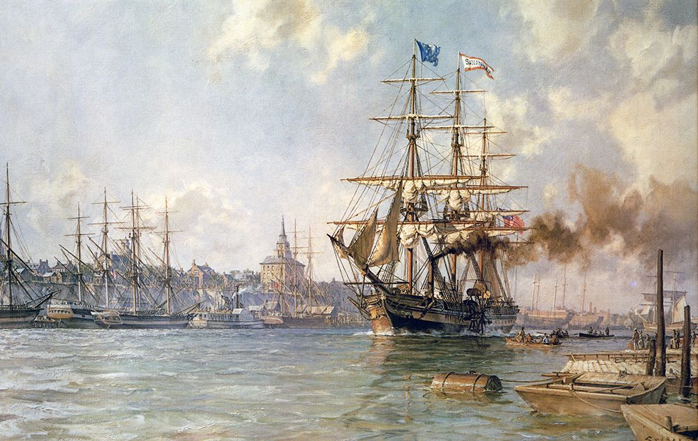 The first trans-Atlantic steamship leaving the port of Savannah in May 1819. (Painting: John Stobart/scrimshawgallery.com)