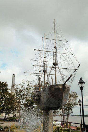A mounted model of the SS Savannah along the Savannah Riverfront in Savannah, Georgia. (Photo: freemansrag.com)