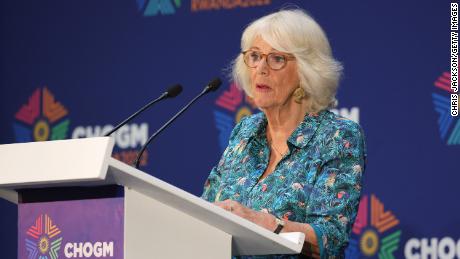 Camilla, Duchess of Cornwall makes a speech as she attends a Violence Against Women and Girls event at the Kigali Convention Centre on Thursday.