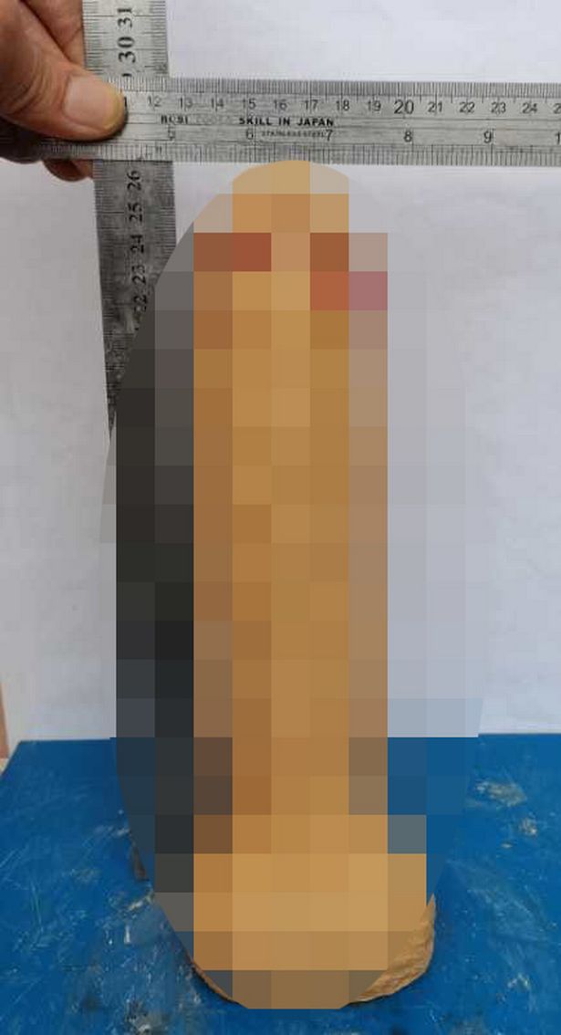A plastic recreation of one of the model's penis being measured