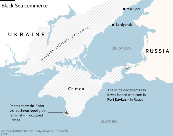 A map showing Sevastopol, Crimea, where the Fedor was photographed, and Port Kavkaz, Russia, which the ship’s cargo documents say is where it was loaded