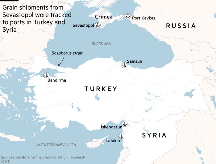 A map showing where grain was shipped from Sevastopol. Destinations include ports in Turkey and Syria