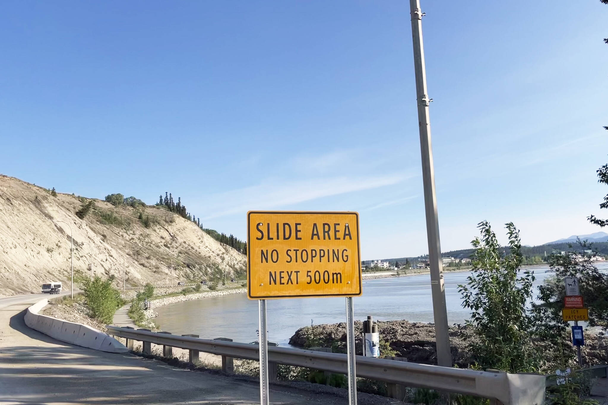 New sign on Robert Service Way cautions motorists. (Lawrie Crawford/Yukon News)