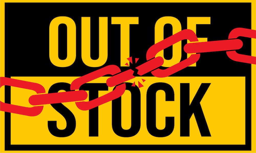 graphic shows red chains breaking over the words out of stock to represent supply chain issues.