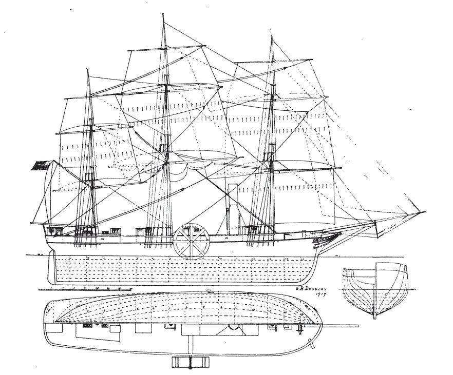 A diagram of the SS Savannah. (Drawn by G. B. Douglas/The Rudder, May 1919)