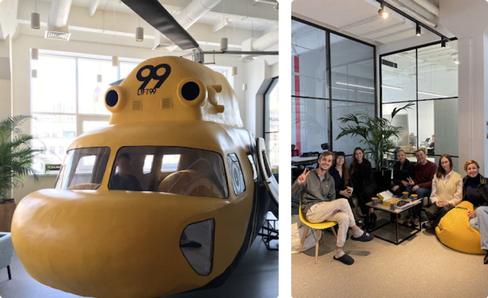 a diptych of a helicopter and a group photo of the Awesomic team days before the war.