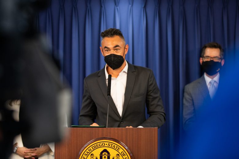 Council President Sean Elo-Rivera speaks at a press conference on Feb. 7, 2022 about budget priorities for the San Diego City Council. / Photo by Adriana Heldiz