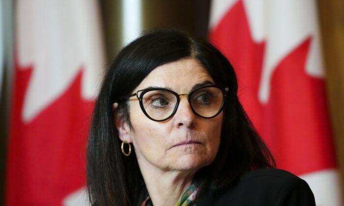 Filomena Tassi, Minister of Public holds a press conference in Ottawa on March 28, 2022, to announce next steps in the competitive procurement process for the 'Future Fighter Capability Project.' (The Canadian Press/Sean Kilpatrick)
