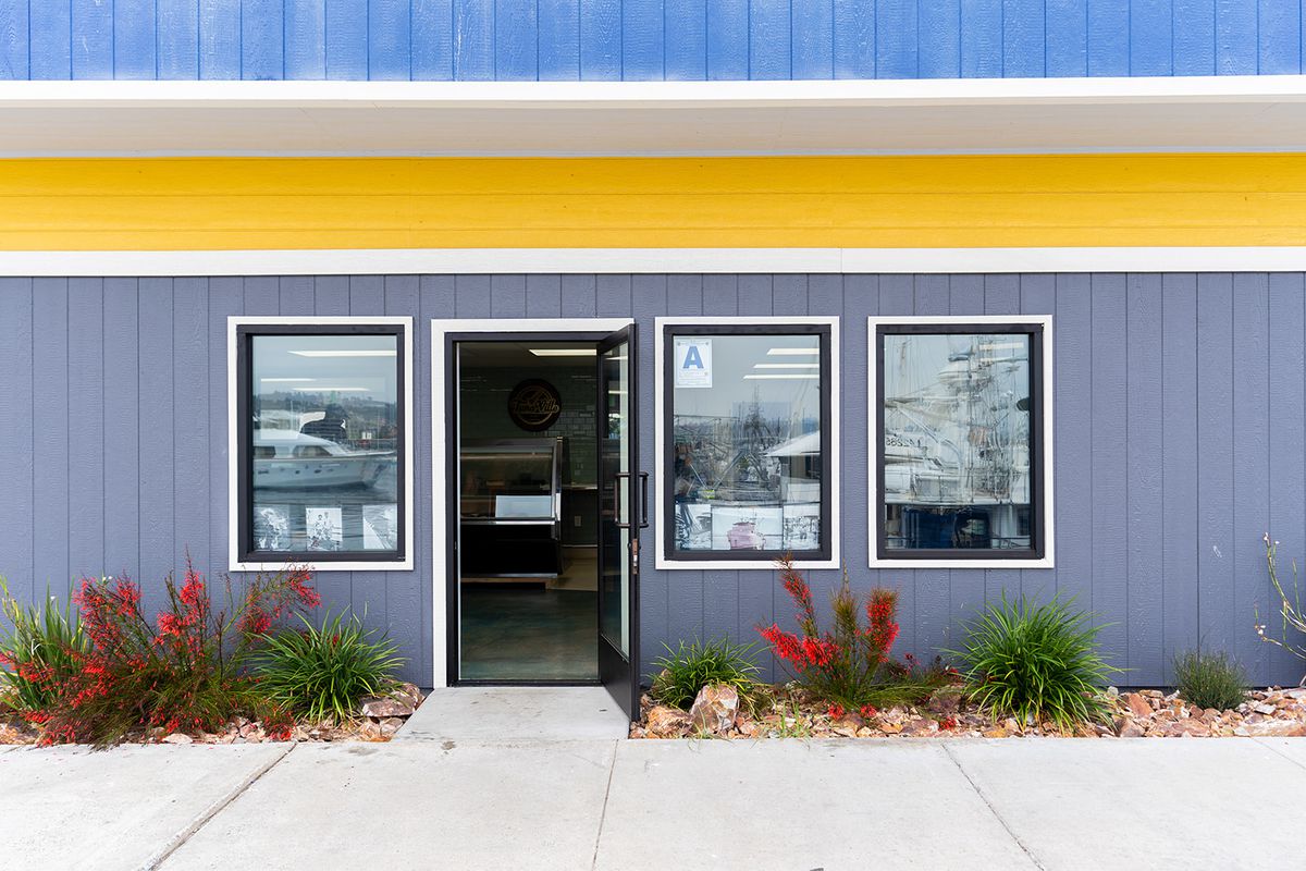 The front door of a seafood market.
