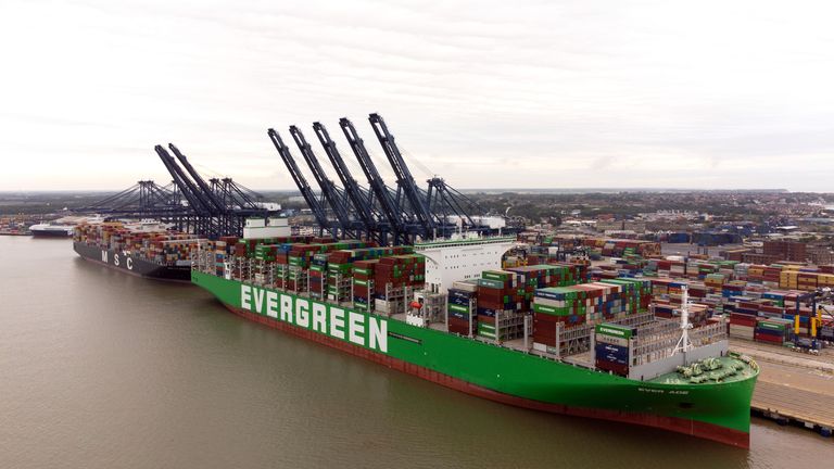 The world's largest cargo ship Ever Ace, holder of the record for most containers loaded onto a single ship, arrives at the Port of Felixstowe in Suffolk, Britain's biggest and busiest container port. Picture date: Sunday June 19, 2022.

