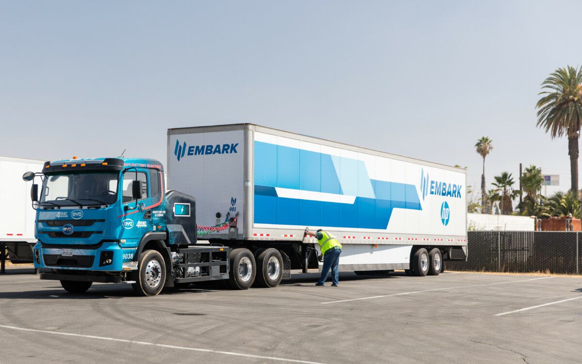 Embark Trucks is coordinating the use of BYD Class 8 electric trucks for the drayage portion of Los Angeles to Phoenix runs for HP Inc. (Photo: Embark Trucks)