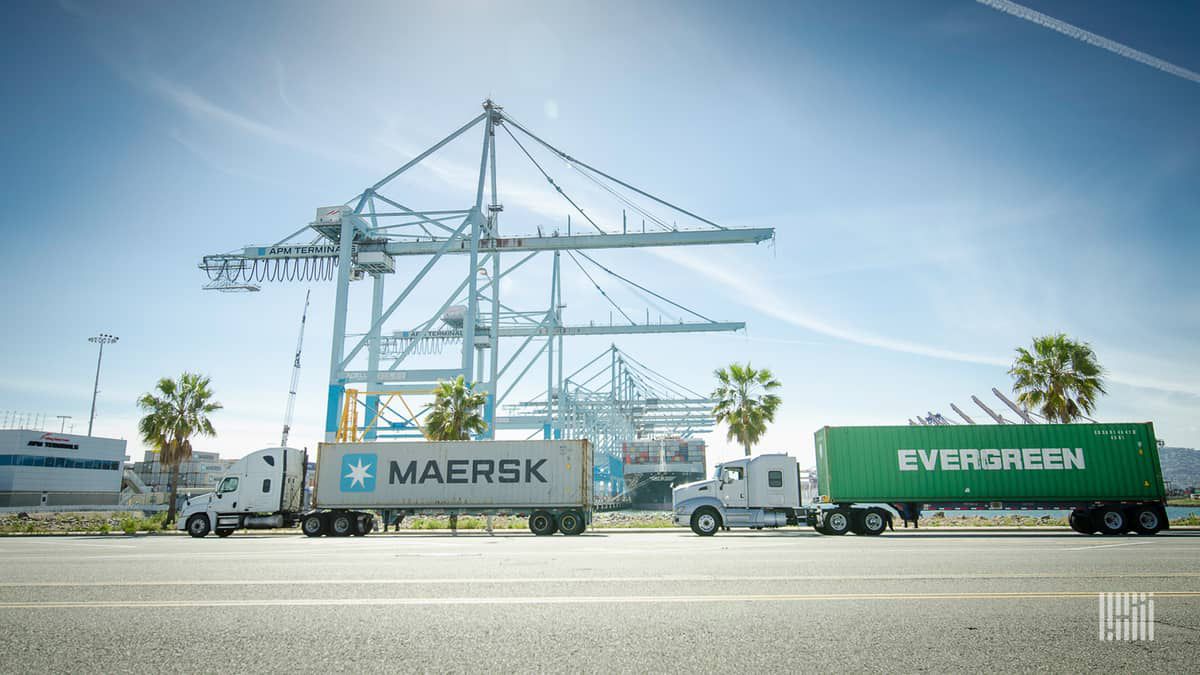 Drayage trucks outside APM Terminal's Pier 400 at the Port of Los Angeles. (Image: Jim Allen/FreightWaves)