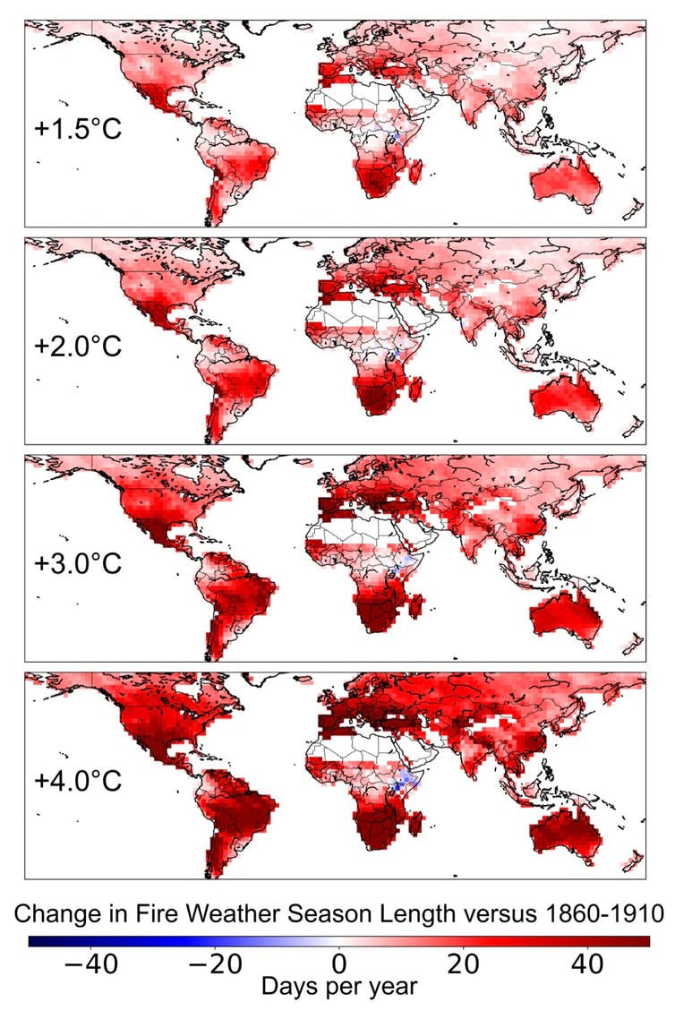 Four world maps depicting the expanding fire weather season under increments of global warming.