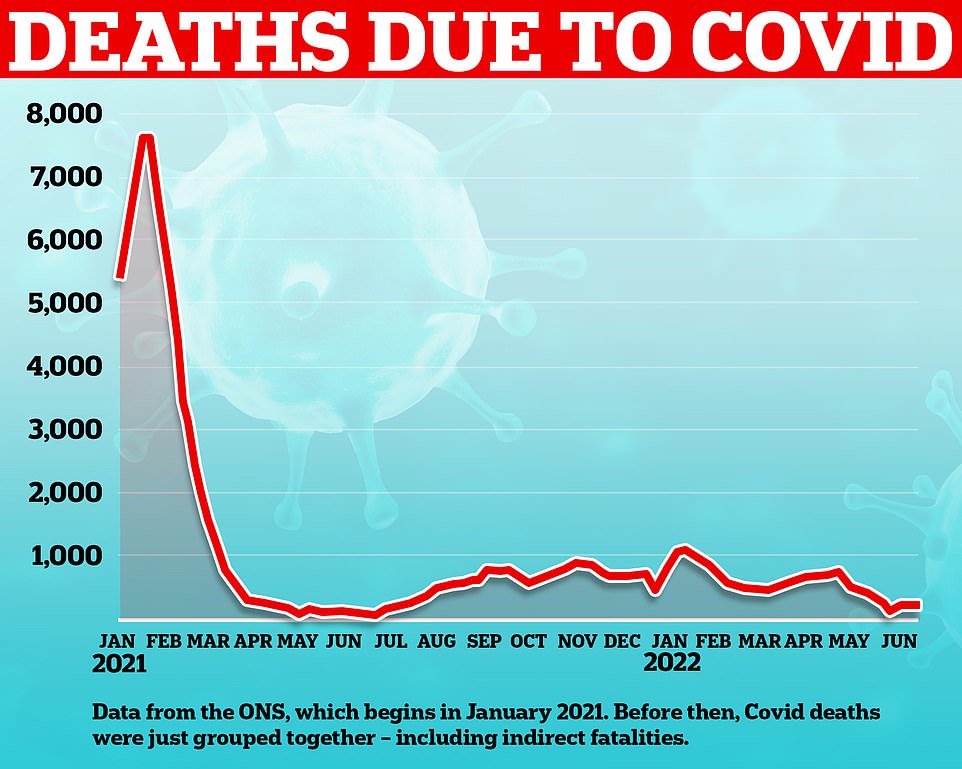 This graph shows the number of deaths directly due to Covid recorded in England and Wales. The number of deaths being recorded these nations currently is far below that of previous waves earlier year and a sheer fraction of those seen at the start of 2021