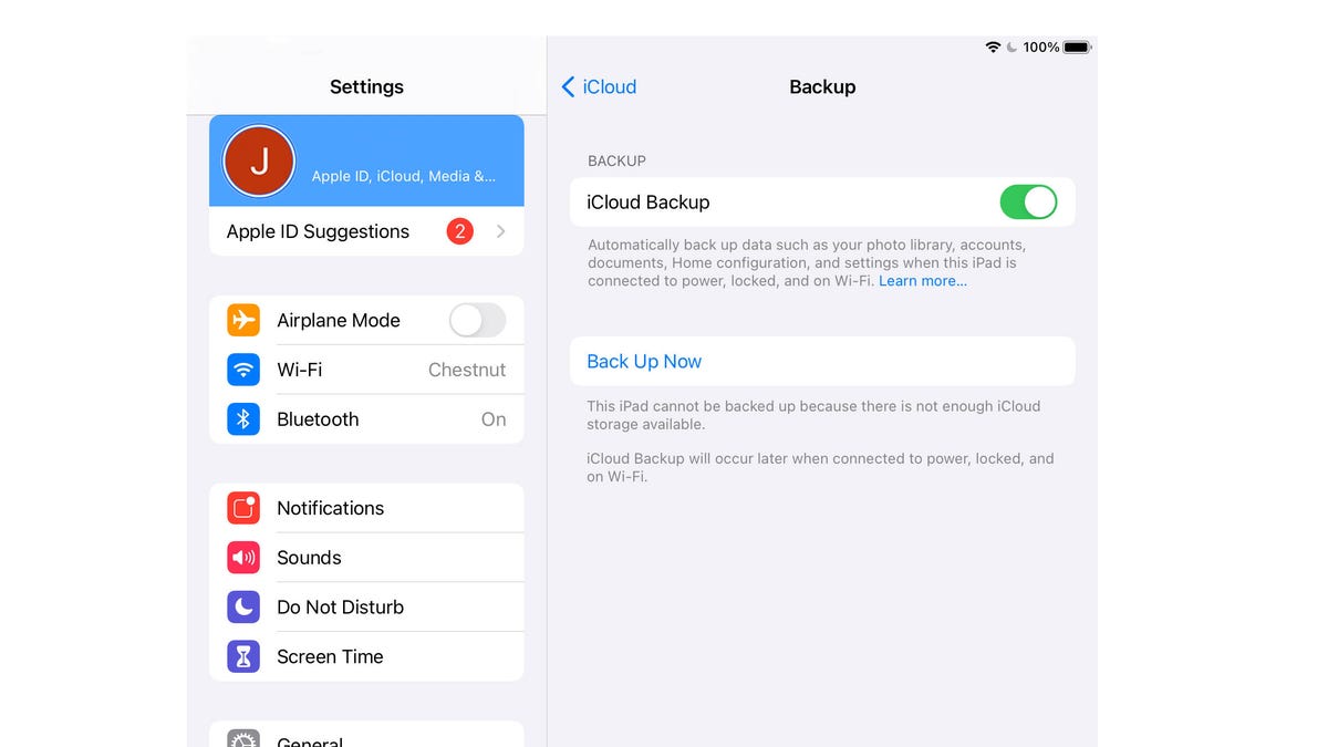 Settings menus from an Apple iPad showing the necessary steps to complete a back up and factory reset.