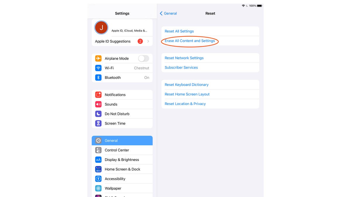 Settings menus from an Apple iPad showing the necessary steps to complete a back up and factory reset.