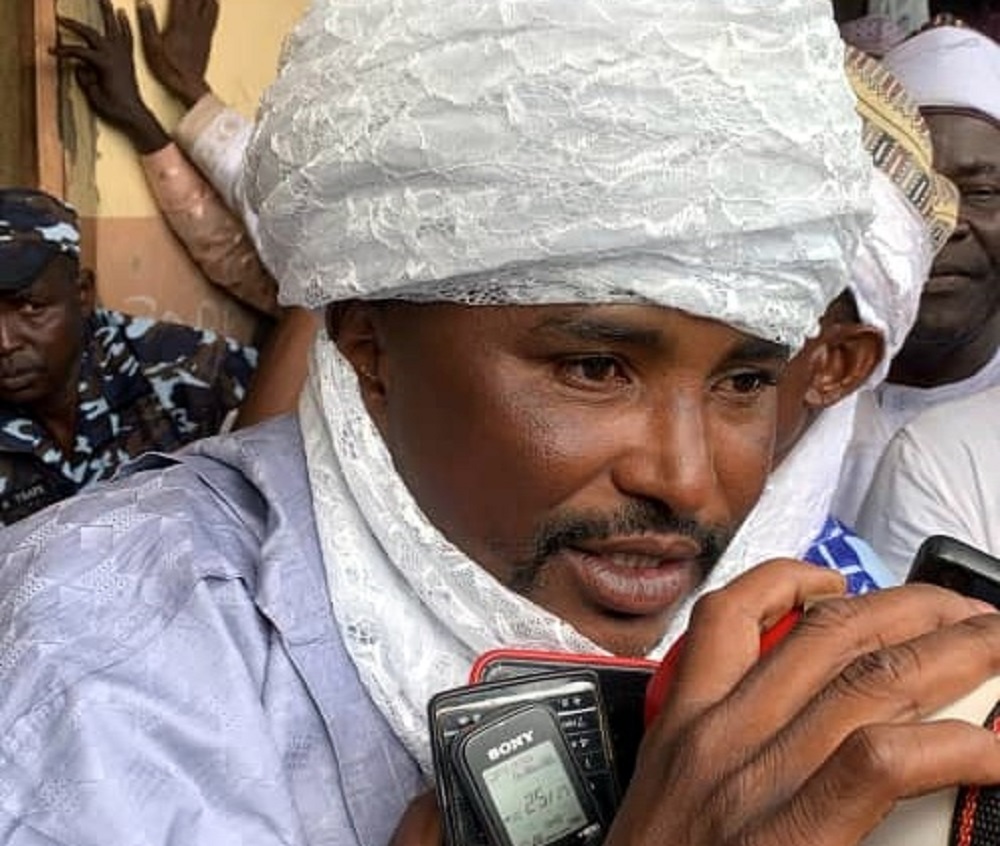 Wanted terrorist kingpin, Adamu Yankuzo, who is also known as Ada Aleru, the Sarkin Fulani of the emirate speaking after coronation.