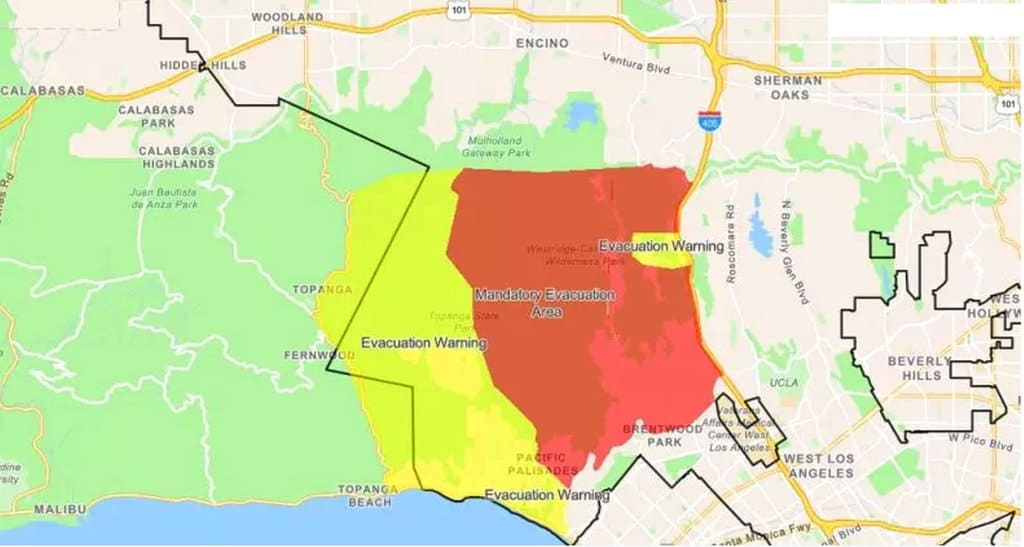 An example evacuation map. This one indicates the Getty fire-affected regions. 