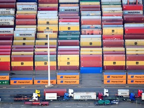 Containers of Maersk, MSC and Hapag-Lloyd at a terminal in the port of Hamburg, Germany.