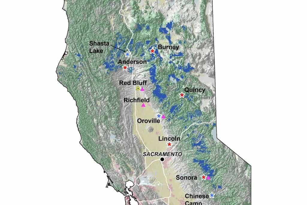 A map showing the area owned by Sierra Pacific Industries in California.