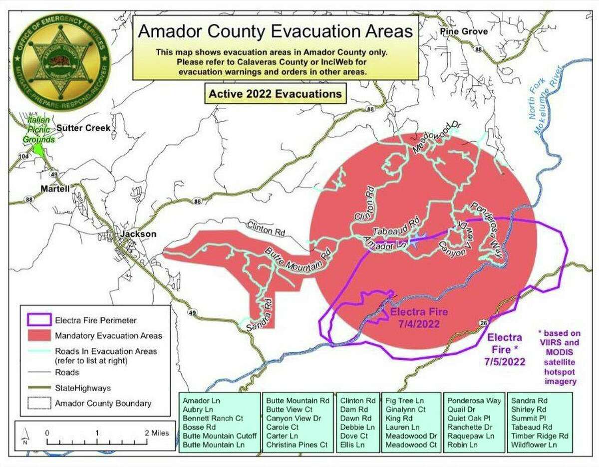 A map showing areas of Amador County under mandatory evacuation orders due to the Electra Fire.