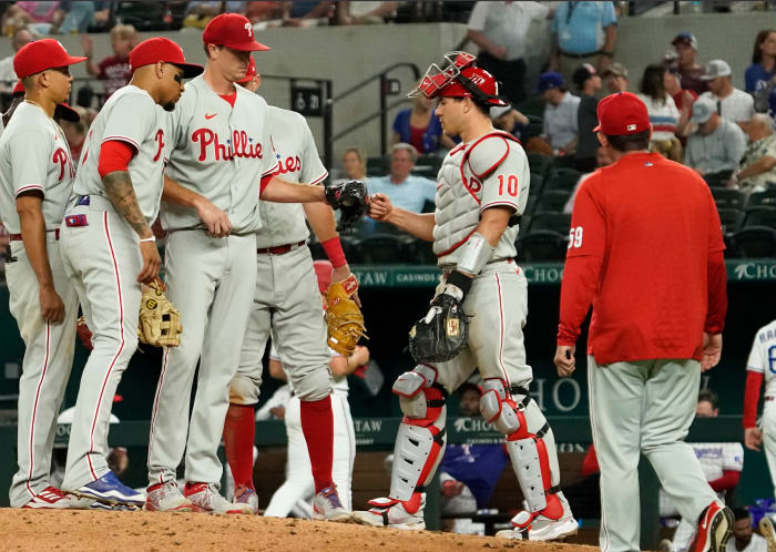 Kyle Gibson exits after 6.1 innings pitched against the Texas Rangers in Arlington.