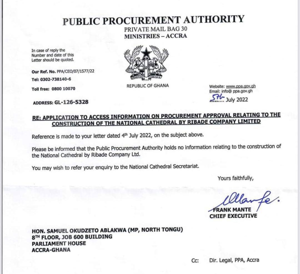 We have no information on construction of National Cathedral - Public Procurement Authority We have no information on construction of National Cathedral - Public Procurement Authority