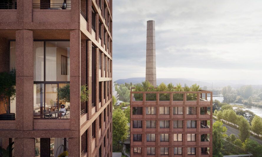 The preserved chimney block original to the factory