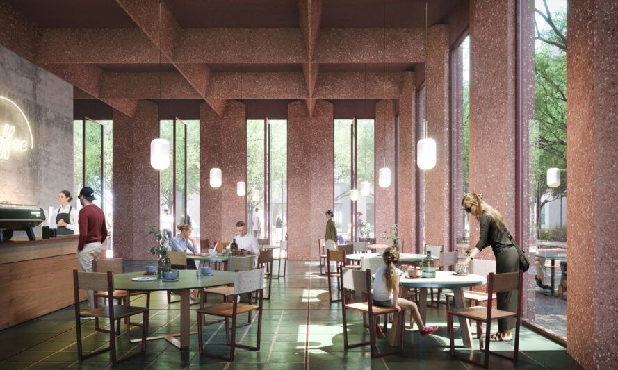 Inside a café of one of the mixed-use buildings