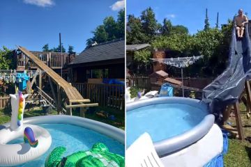 Dad creates epic water slide for his kids in garden out of old decking