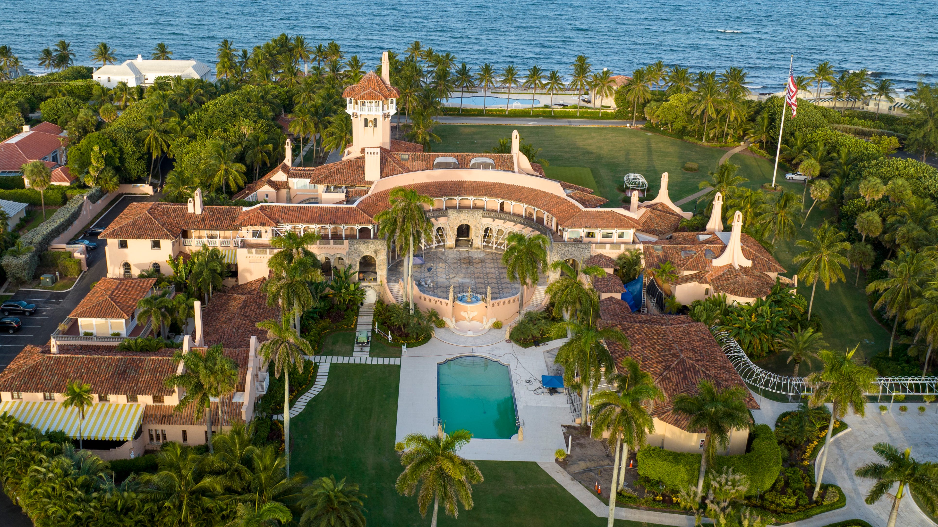 This is an aerial view of former President Donald Trump's Mar-a-Lago estate, on Aug. 10, 2022, in Palm Beach, Fla. Court papers show that the FBI recovered documents labeled “top secret” from former President Donald Trump’s Mar-a-Lago estate in Florida.